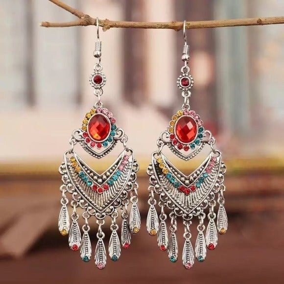 Bohemian dangle earrings silver multicolored rainbow red boho - Picture 4 of 4